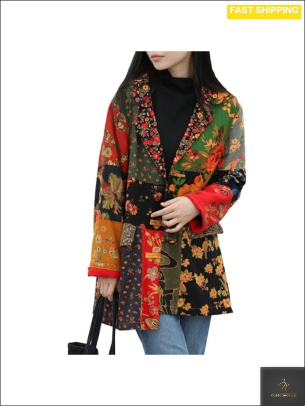 Cotton Linen Floral Patchwork Blazer Women Relaxed Fit Jacket Long Sleeve